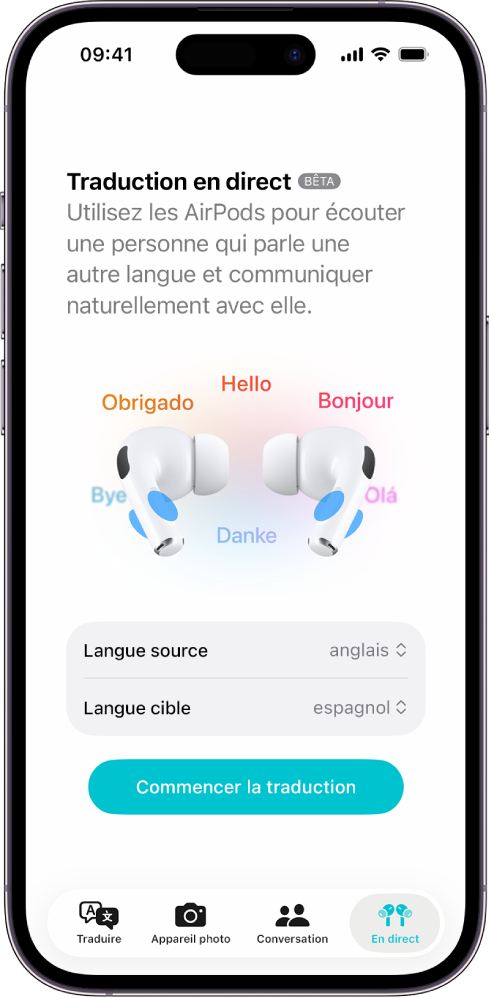 L’app Traduire sur l’iPhone affichant l’écran Traduction en direct. L’écran affiche deux menus contextuels pour choisir la langue parlée par l’autre personne et la vôtre ainsi qu’un bouton pour démarrer Traduction en direct.