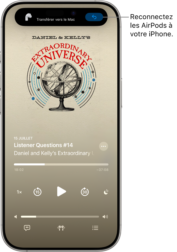L’écran verrouillé d’un iPhone qui affiche le message « Transféré vers le Mac » dans le haut et un bouton pour reconnecter les AirPods à l’iPhone.