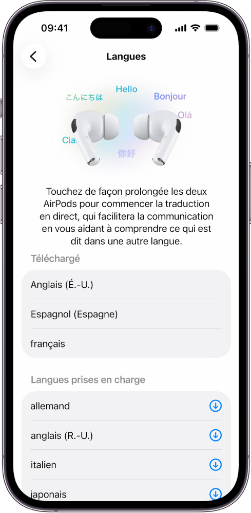 L’écran Langues dans les réglages Traduire des AirPods affichant une liste de langues téléchargées et prises en charge.