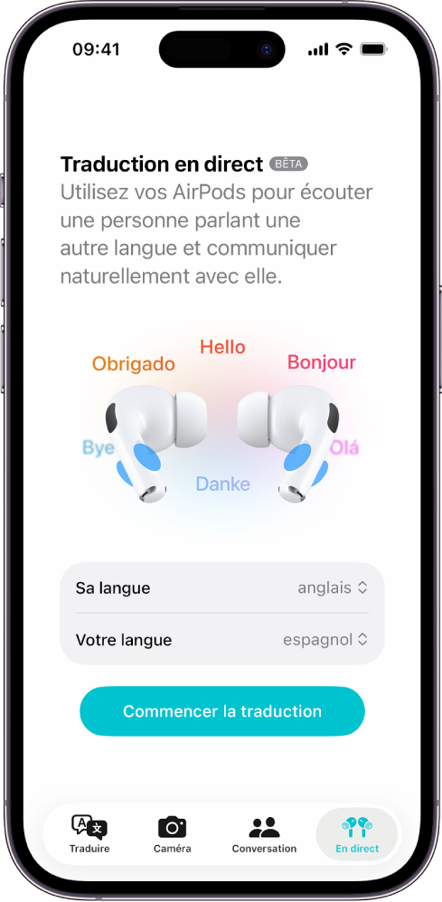 L’app Traduire sur l’iPhone affichant l’écran Traduction en direct. L’écran affiche deux menus locaux pour la sélection de la langue de l’autre personne et de votre langue, et un bouton pour démarrer la traduction en direct.