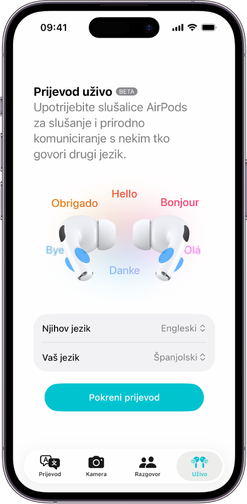 Aplikacija Prijevod na iPhoneu s prikazom zaslona Prijevod uživo. Zaslon prikazuje dva skočna izbornika za odabir jezika druge osobe i vašeg jezika te tipku za pokretanje Prijevoda uživo.