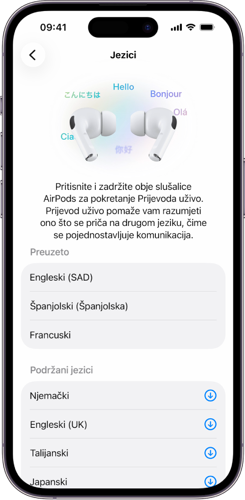 Zaslon Jezika u postavkama AirPods prijevoda s prikazo preuzetih i podržanih jezika.