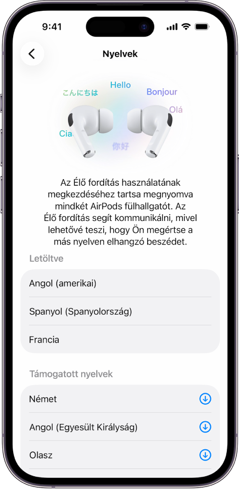 A Nyelvek képernyő az AirPods fordítási beállításaiban, amelyen a letöltött és a támogatott nyelvek listája látható.