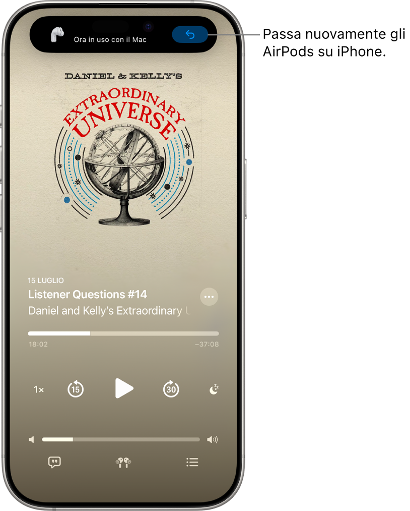 La schermata di blocco su iPhone. In alto, è visibile il messaggio “Ora in uso con Mac” e un pulsante per riconnettere gli AirPods ad iPhone.