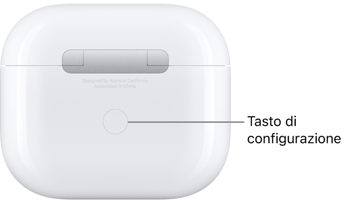Il pulsante di configurazione al centro della parte posteriore della custodia di ricarica degli AirPods 3.