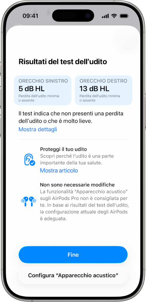 I risultati di un test dell’udito su iPhone, che mostrano una perdita dell’udito di grado lieve o assente in entrambe le orecchie. In basso è possibile toccare Fine o configurare un apparecchio acustico.