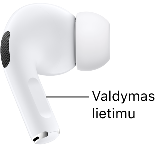 „AirPods Pro 2“ liečiamas valdiklis jutiklis yra abiejų „AirPods“ ausinių kojelėse.