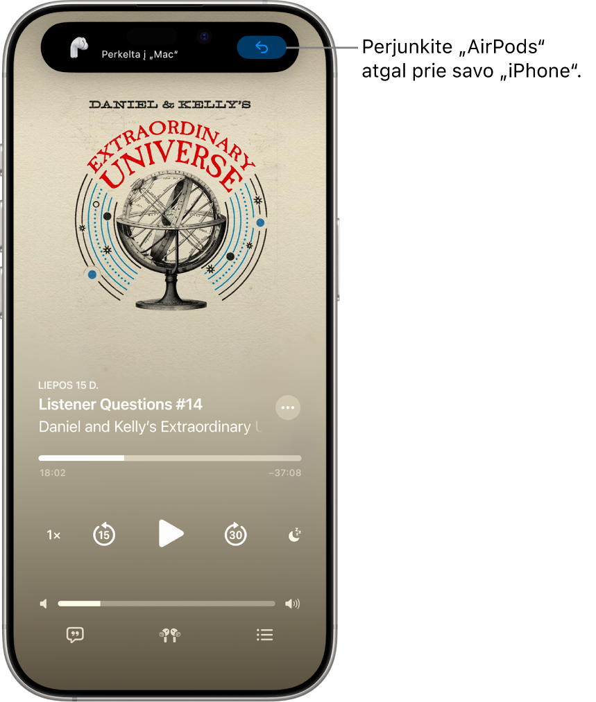 „iPhone“ užrakinimo ekranas su viršuje esančiu pranešimu „Perkelta į „Mac“ ir mygtukas, skirtas vėl perjungti „AirPods“ į „iPhone“.