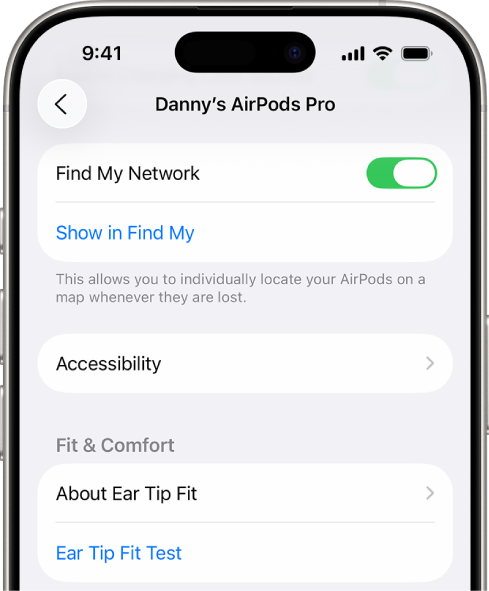Bluetooth iestatījumi iPhone tālrunī, kur redzamas opcijas AirPods Pro austiņām. Ieslēgta opcija Find My Network, kas ļauj atsevišķi noteikt katras AirPods austiņas atrašanās vietu kartē.