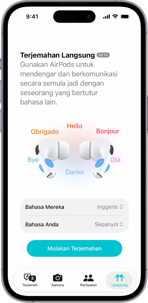 App Terjemah pada iPhone menunjukkan skrin Terjemahan Langsung. Skrin menunjukkan menu timbul untuk memilih bahasa orang lain dan bahasa anda, serta butang untuk memulakan Terjemahan Langsung.