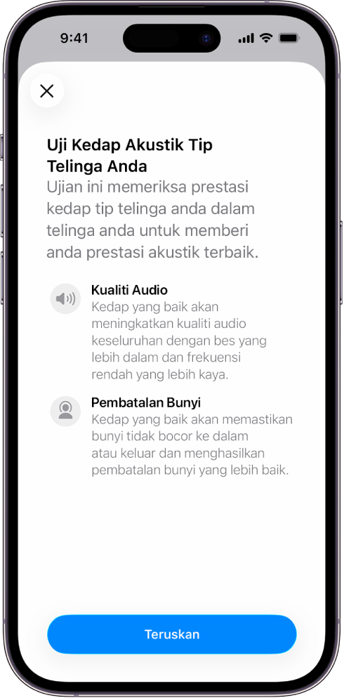 Skrin iPhone memaparkan ujian untuk mengukur kedap akustik AirPods Pro 3.