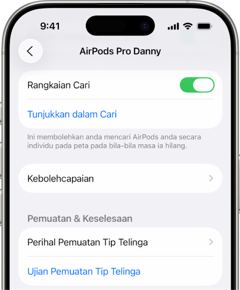 Seting Bluetooth pada iPhone menunjukkan pilihan untuk AirPods Pro. Pilihan Rangkaian Cari aktif, yang membenarkan AirPods dicari secara individu pada peta apabila ia hilang.