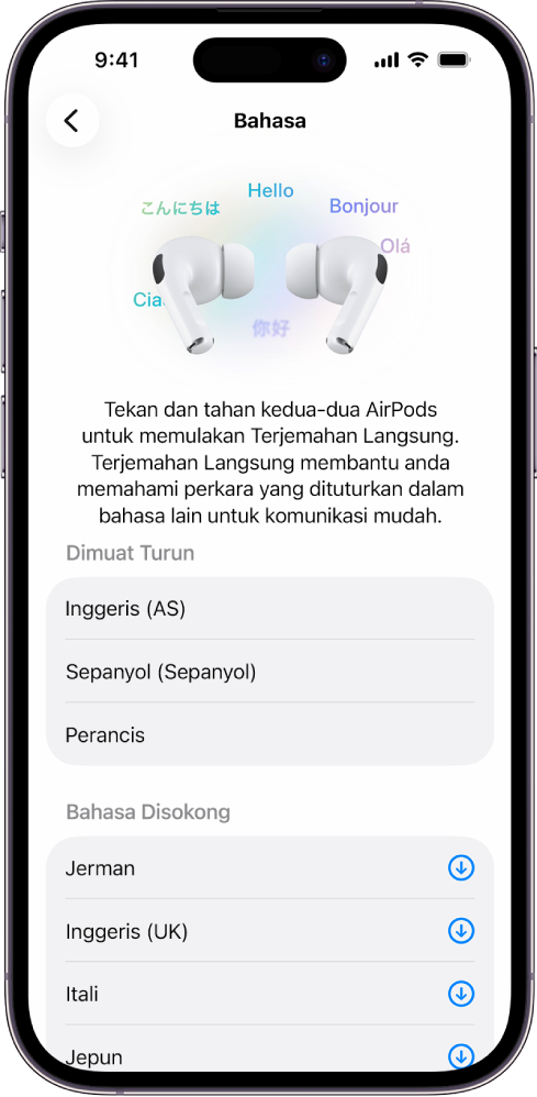 Skrin Bahasa dalam seting Terjemahan AirPods menunjukkan senarai yang dimuat turun dan bahasa yang disokong.