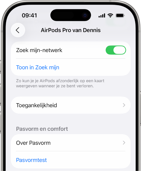 Bluetooth-instellingen op een iPhone met opties voor de AirPods Pro. De optie 'Zoek mijn-netwerk' is ingeschakeld, waardoor de locatie van de afzonderlijke AirPods op een kaart kan worden getoond wanneer ze zoek zijn.