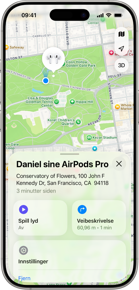 En skjerm fra Hvor er-appen på iPhone. Posisjonen til AirPods Pro vises på et kart over San Francisco sammen med en adresse og alternativene Spill lyd, Veibeskrivelse og Innstillinger.