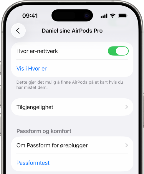 Bluetooth-innstillinger på en iPhone som viser valg for AirPods Pro. Valget Hvor er-nettverk er på, slik at du kan finne hver enkelt AirPod på et kart når du har mistet dem.
