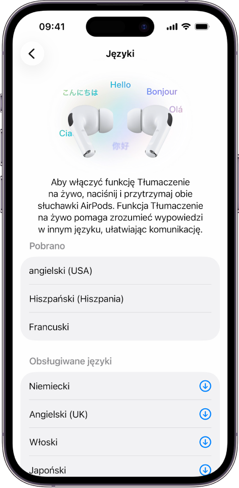Ekran Języki w ustawieniach aplikacji Tłumacz AirPods, na którym wyświetlana jest lista pobranych i obsługiwanych języków.