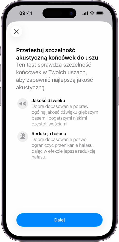 Ekran iPhone’a wyświetlający test mierzący szczelność akustyczną słuchawek AirPods Pro 3.