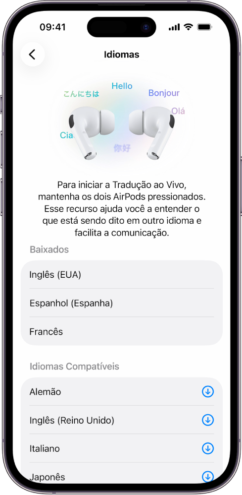 A tela Idiomas na seção Traduzir dos ajustes dos AirPods mostrando uma lista dos idiomas baixados e compatíveis.