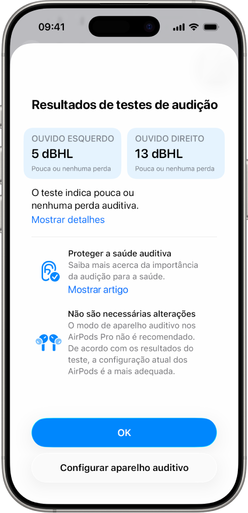 Resultados de um Teste auditivo no iPhone, a mostrar perda auditiva ligeira a moderada em ambos os ouvidos. Na parte informação encontram-se opções para tocar em “OK” ou “Configurar aparelho auditivo”.