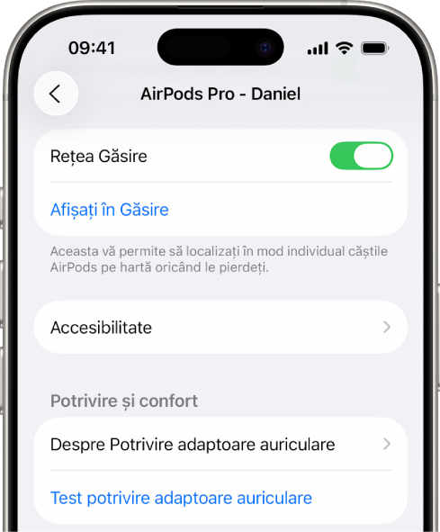 Configurările Bluetooth de pe un iPhone, afișând opțiunile pentru AirPods Pro. Opțiunea Rețea Găsire este activată, ceea ce permite localizarea individuală a căștilor AirPods pe hartă în eventualitatea pierderii acestora.
