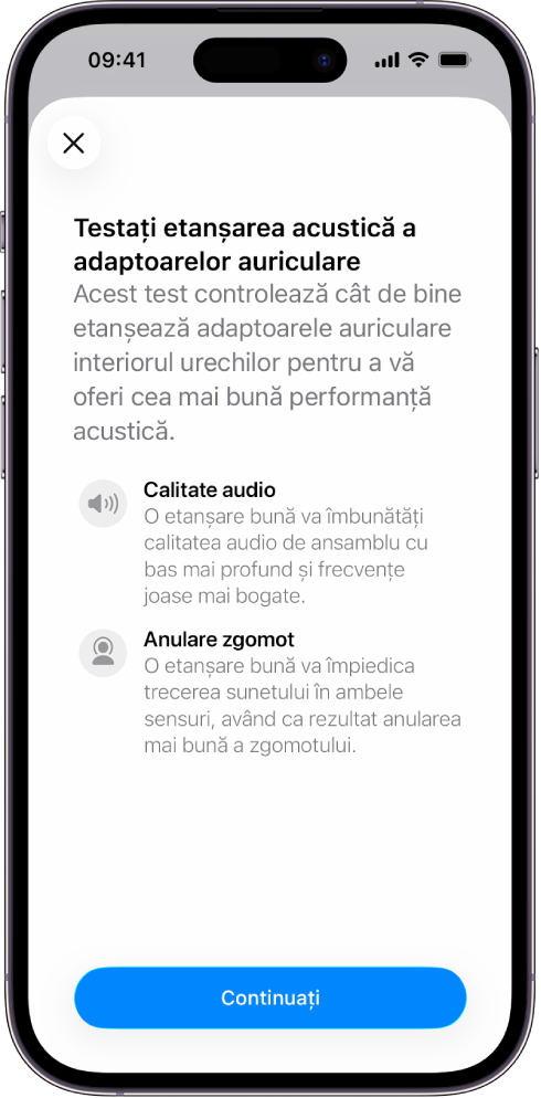 Un ecran de iPhone afișând un test pentru măsurarea etanșării acustice a căștilor AirPods Pro 3.