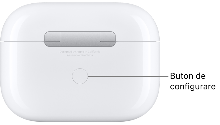 Butonul de configurare este în centrul părții din spate a casetei de încărcare AirPods Pro.