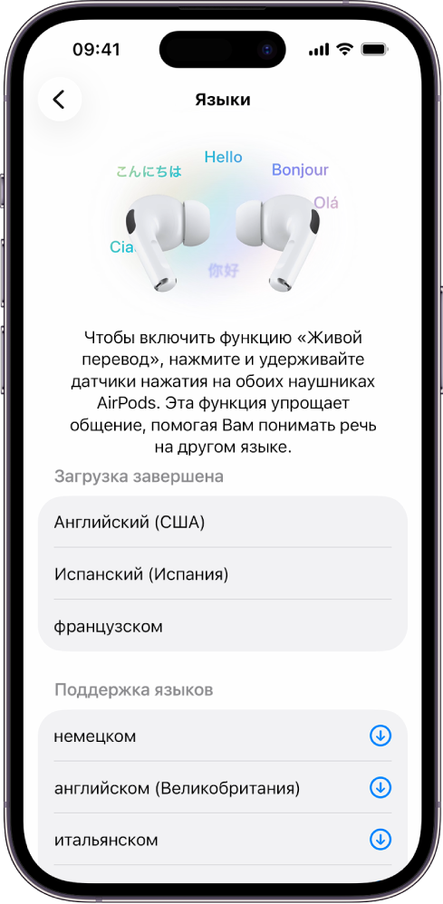 На экране «Языки» в настройках перевода AirPods показан список загруженных и поддерживаемых языков.