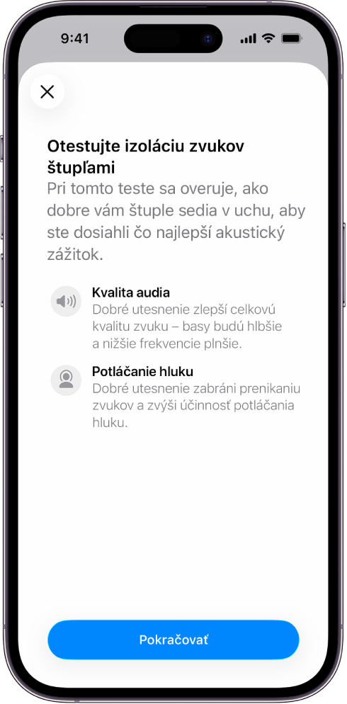 Obrazovka iPhonu so zobrazeným testom izolácie zvukov AirPodov Pro 3.