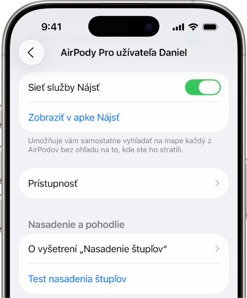 Nastavenia Bluetooth na iPhone zobrazujúce možnosti pre AirPody Pro. Sieť služby Nájsť je zapnutá, čo umožňuje zobraziť polohu jednotlivých AirPodov na mape vždy, keď sa stratia.