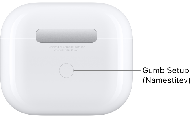Gumb za nastavitev na sredini hrbtne strani etuija za polnjenje slušalk AirPods 3.