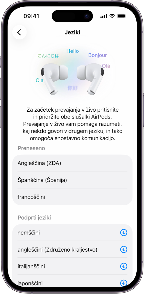 Zaslon Jeziki v nastavitvah prevajalnika s slušalkami AirPods, ki prikazuje seznam prenesenih in podprtih jezikov.