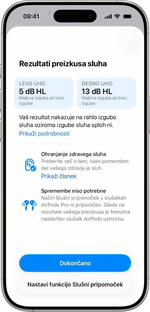 Rezultati preiskave sluha v iPhonu, ki kažejo malo ali nič izgube sluha v obeh ušesih. Na dnu so možnosti, da se dotaknete Dokončano ali nastavi Slušni pripomoček.