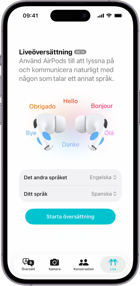 Appen Översätt på iPhone visar skärmen Liveöversättning. Skärmen visar två popupmenyer för att välja den andra personens språk och ditt språk samt en knapp för att starta Liveöversättning.