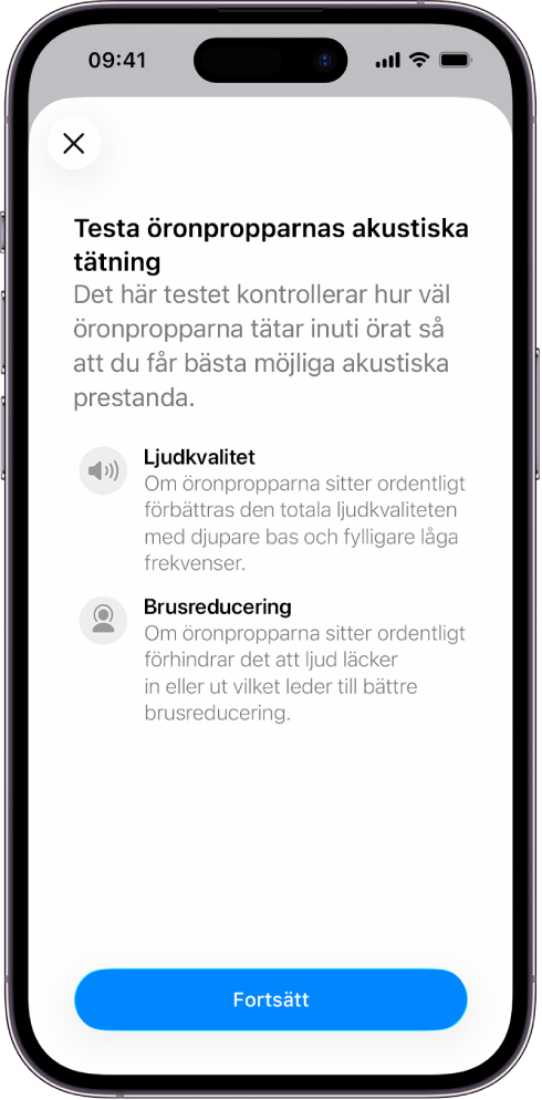 En iPhone-skärm visar ett test för att mäta den akustiska tätningen i AirPods Pro 3.