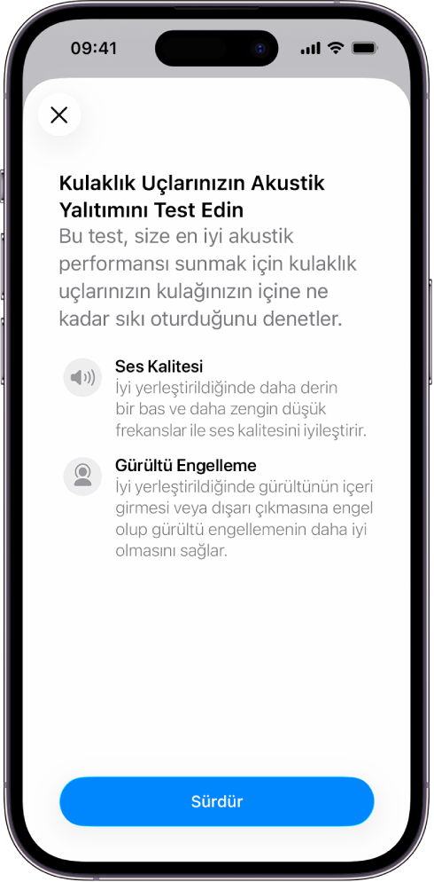 AirPods Pro 3’ün akustik yalıtımını ölçen bir testi görüntüleyen bir iPhone ekranı.