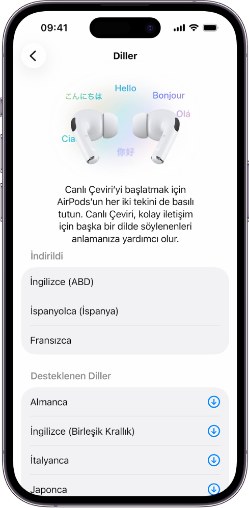 AirPods’un Çeviri ayarlarında, indirilen ve desteklenen dillerin bir listesini gösteren Diller ekranı.