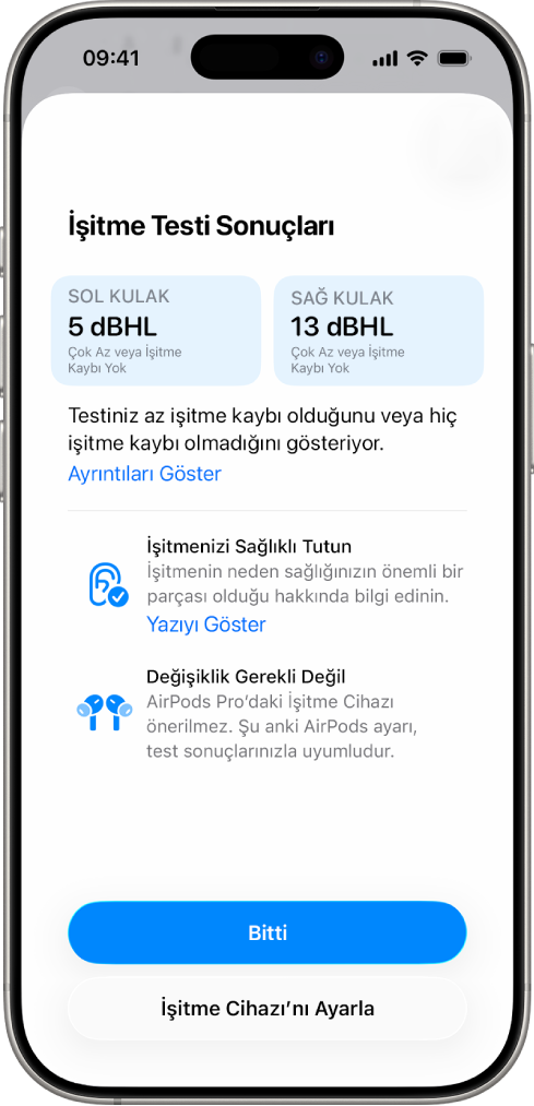 iPhone’daki İşitme Testi sonuçları, iki kulakta hafif işitme kaybı olduğunu ya da hiç işitme kaybı olmadığını gösteriyor. Bitti’ye dokunma ve İşitme Yardımı’nı ayarlama seçenekleri en altta.