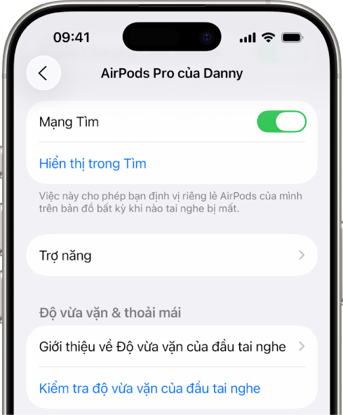 Cài đặt Bluetooth trên iPhone đang hiển thị các tùy chọn cho AirPods Pro. Tùy chọn Mạng Tìm được bật, cho phép định vị riêng lẻ các AirPods trên bản đồ bất kỳ lúc nào chúng bị mất.