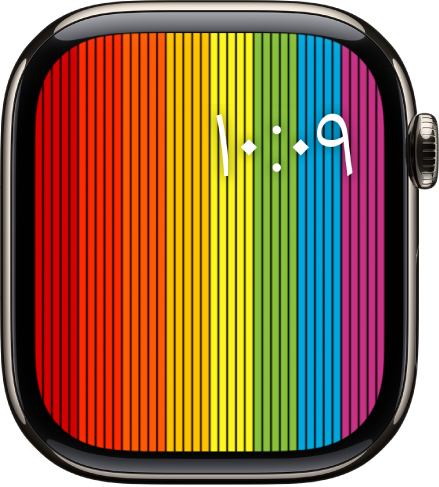 واجهة الساعة "Pride رقمية" تعرض شرائط قوس قزح عمودية مع إظهار التاريخ والوقت في أعلى اليسار.