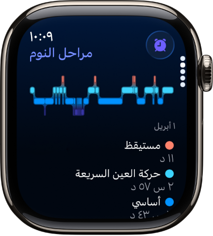 تطبيق النوم يظهر به الوقت التقديري الذي تقضيه مستيقظًا وحركة العين السريعة والنوم الأساسي والنوم العميق.