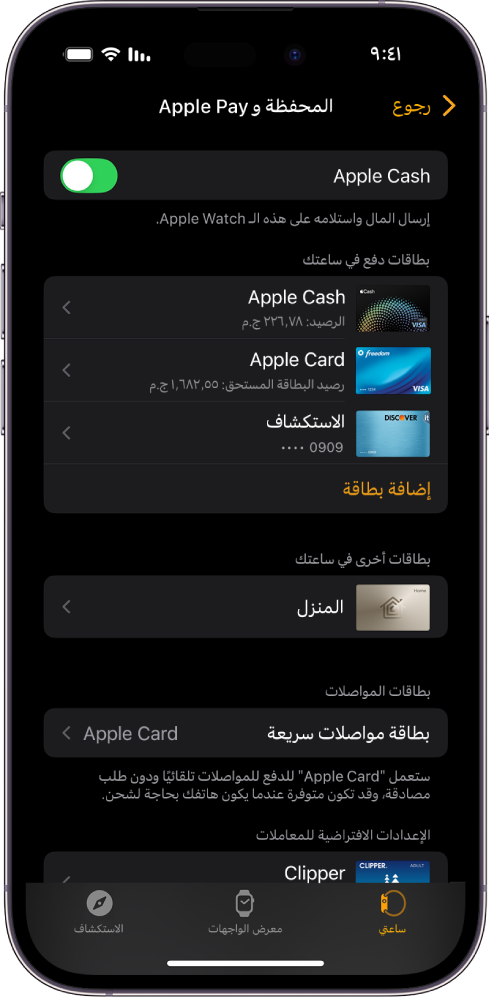 شاشة iPhone تعرض إعدادات Wallet وApple Pay في تطبيق Apple Watch.