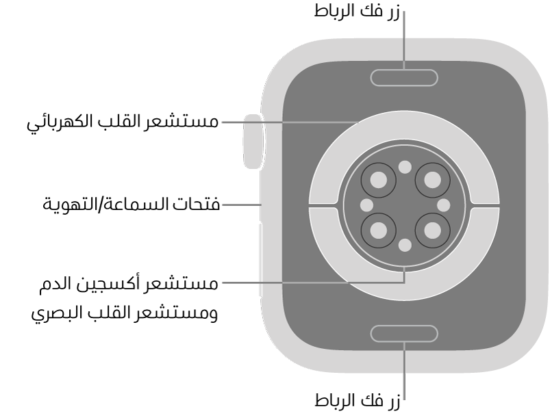 الجزء الخلفي من Apple Watch Series 9 ويظهر به زرا تعديل الرباط في الأعلى والأسفل ومستشعر القلب الكهربائي ومستشعر القلب البصري ومستشعر أكسجين الدم وفتحات السماعة/التهوية على الجانب.