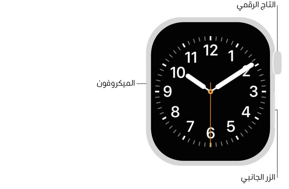 الجزء الأمامي من Apple Watch Series 11 وتظهر به شاشة العرض التي تعرض واجهة الساعة والتاج الرقمي والميكروفون والزر الجانبي من أعلى إلى أسفل على جانب الساعة.