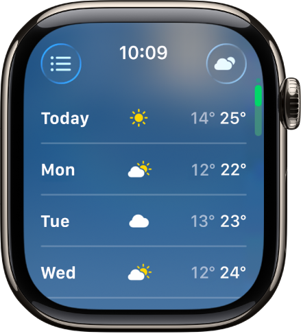 Екран на 10-дневна прогноза, показващ 4 дни с изчислени най-ниски и най-високи температури.