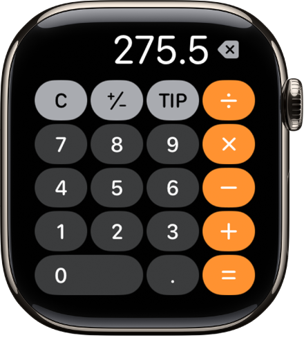 Apple Watch, der viser appen Lommeregner. Skærmen viser et typisk numerisk tastatur med matematikfunktioner til højre. Langs toppen ses knapperne C, plus eller minus og Drikkepenge.