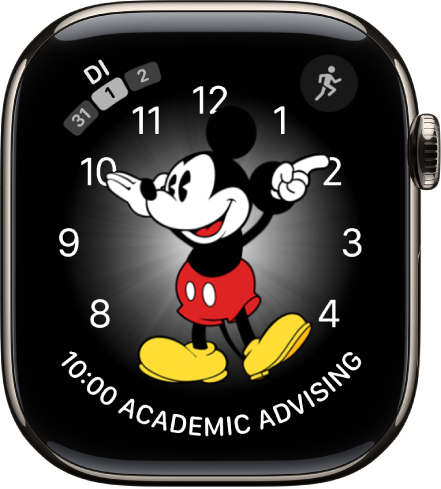 Das Zifferblatt „Micky Maus“, dem du zahlreiche Funktionen hinzufügen kannst. Es sind drei Komplikationen zu sehen: „Nachrichten“ oben links, „Training“ oben rechts und das Datum unten.