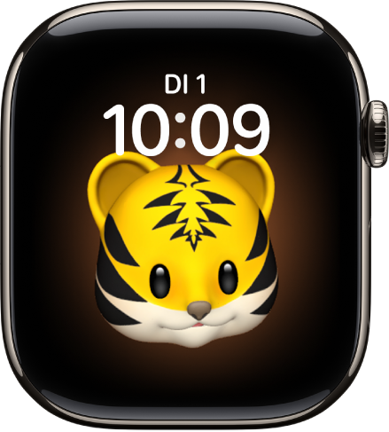 Das Zifferblatt „Memoji“, auf dem du die Memoji-Figur anpassen kannst. Unten befindet sich eine Komplikation. Tippe auf das Display, um das Memoji zu animieren. Datum und Uhrzeit werden oben angezeigt und die Komplikation „Timer“ befindet sich unten.