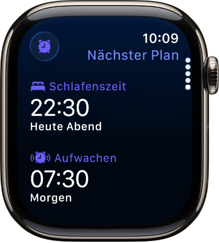 Die App „Schlaf“ auf der Apple Watch mit dem Schlafplan für den Abend. Oben wird „Schlafenszeit“ angezeigt, darunter befindet sich „Aufwecken“.