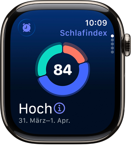 Der Bildschirm „Schlafindex“ zeigt einen Index in der Mitte des Bildschirms an. Eine Bewertung und die Zeit, die mit Schlafen verbracht wurde, wird unten links angezeigt.